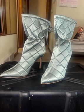 Cape Robbin Quilted Satin Pointed-Toe Ankle Boots - pale teal color.